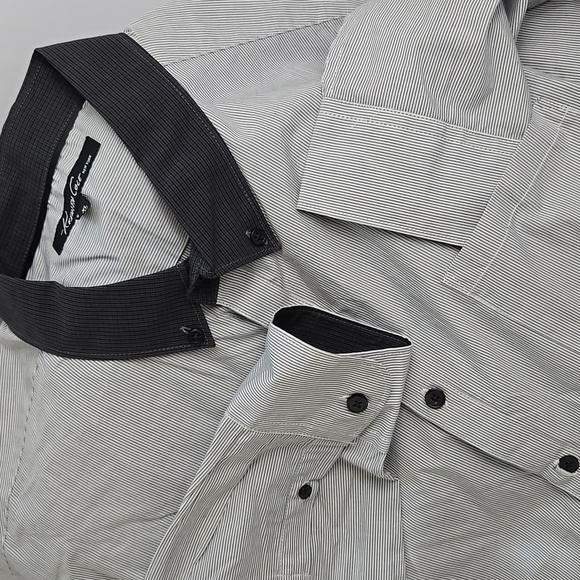 ⚫ Kenneth Cole NY XL Gray Stripe Dress Shirt Contrast Collar 100% Cotton - Picture 1 of 5